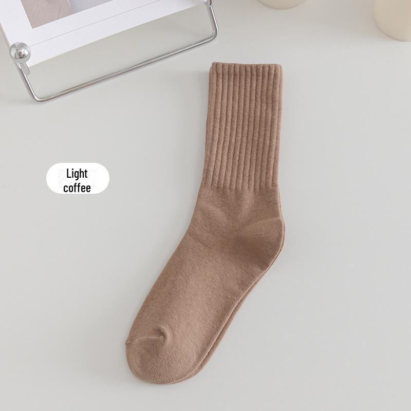 "Korean Style Women's Solid Color Cotton Crew Socks - Japanese Trendy Long Pile Design"