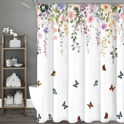 Cortina de ducha Flor de Mariposa de Primavera, Cortina de ducha decorativa para baño, Cortina de ducha impermeable con ganchos