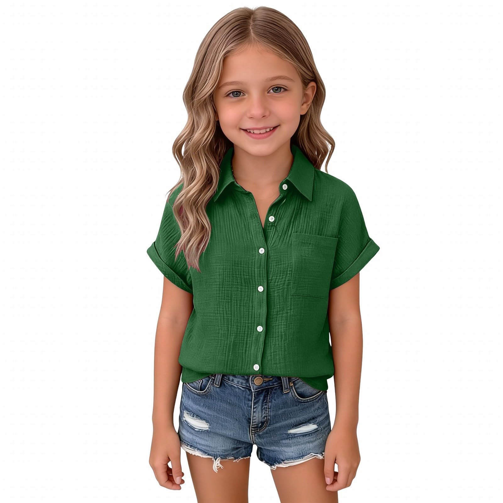 Girls  Linen V-Neck Short-Sleeve Shirt Summer Lightweight Beach Top 140
