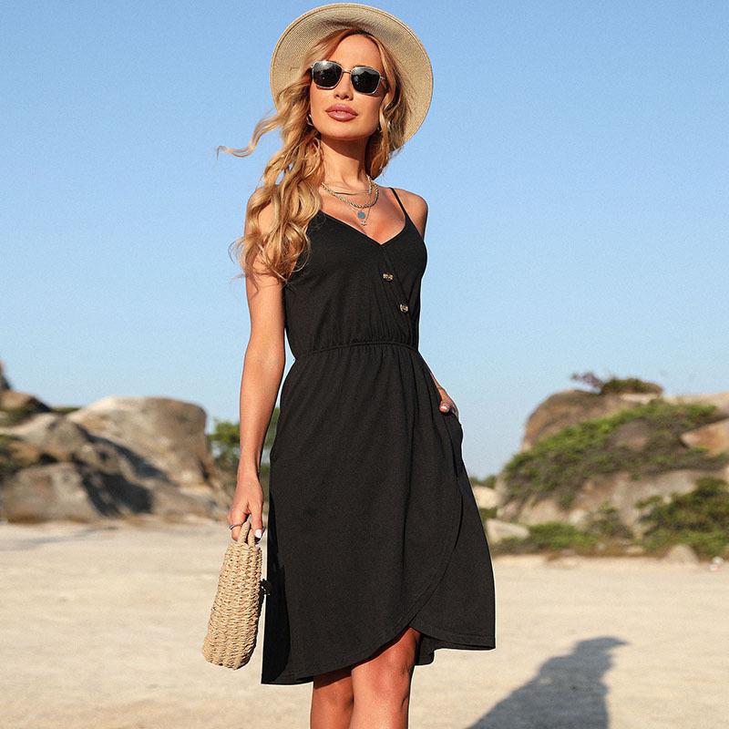 

Лето 2025 новый женский халтер однотонный сарафан с неровным подолом S чёрный