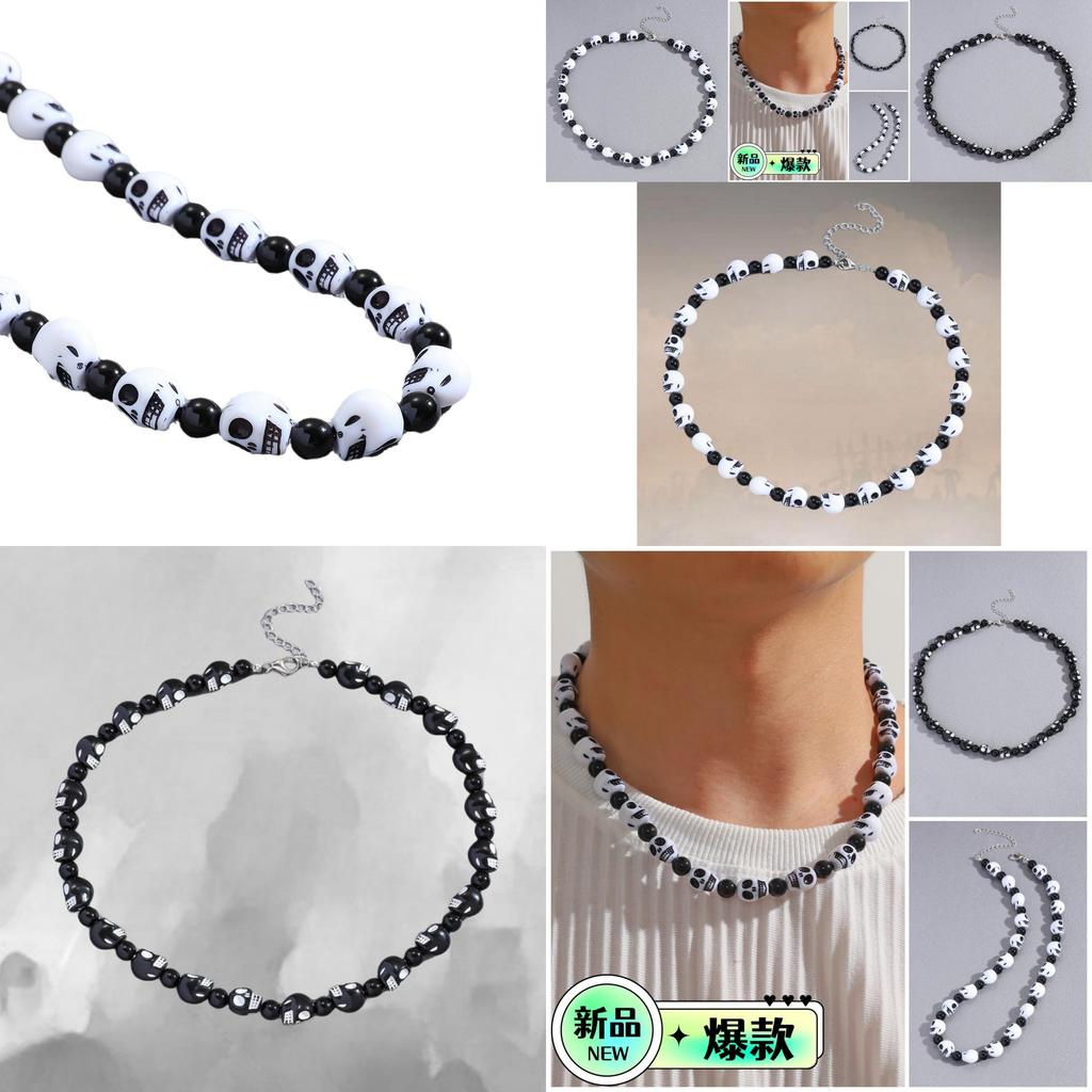 Trendige Schwarz-Weiß-Totenkopf-Halskette Perfekt für Halloween