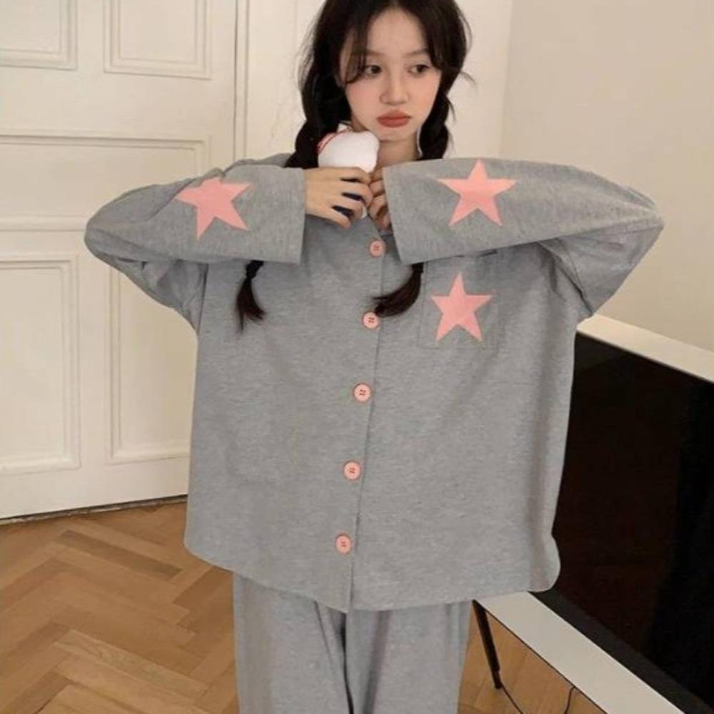 

Stars Pajamas Women Y2K Sleepwear Pants Suit Cute Long Sleeves Pajamas Autumn M