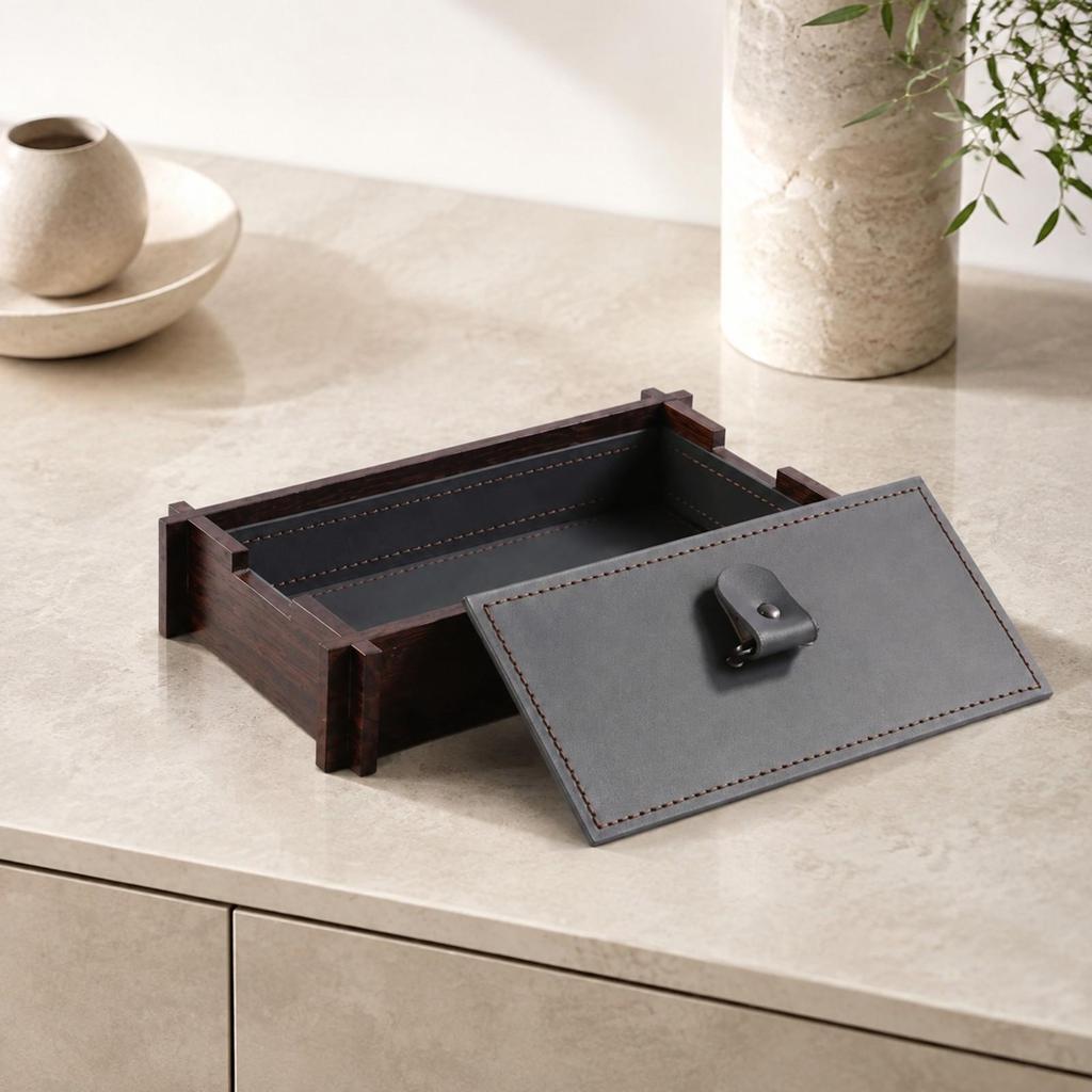 Wood Storage Box with Leather Panel Hand-Finished Tray Metal Handle