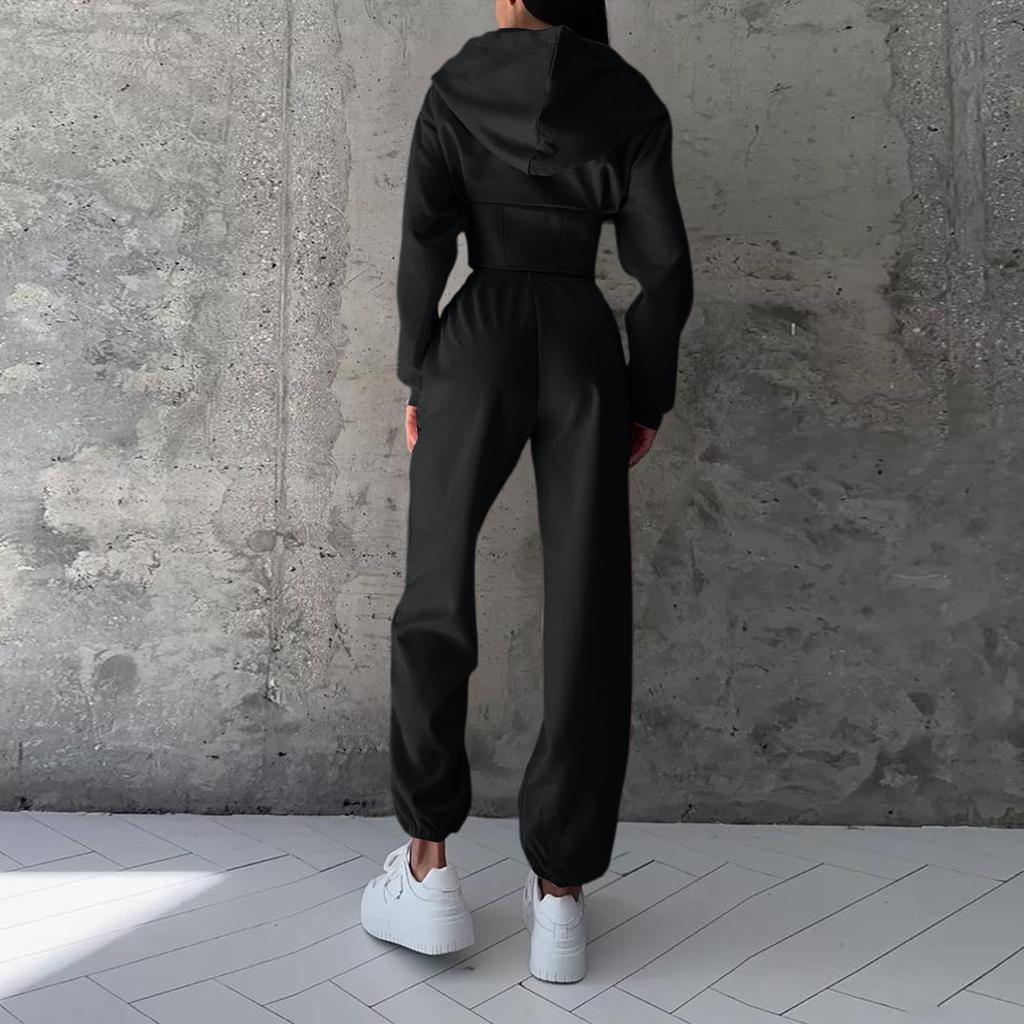 Women's Color Waist-cinching Hooded Sweatshirt And Pants Set, Sporty Casual Two-Piece Set
