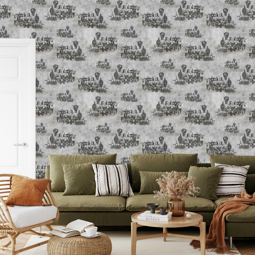 Vintage Locomotive Wallpaper in Front of Concrete in Vintage Style 50x1000