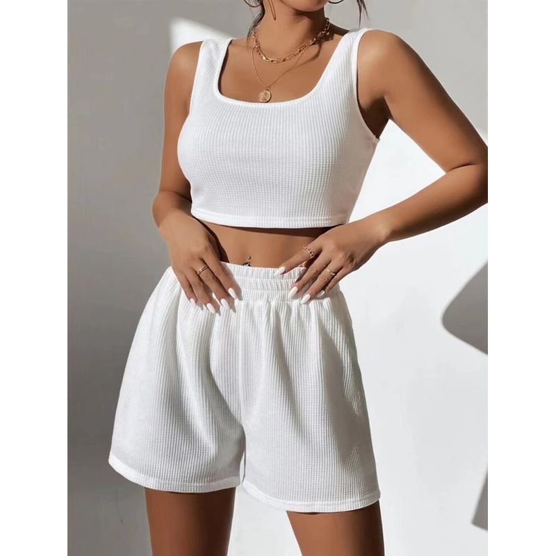 

Knitted Sleeveless Camisole Shorts Set Knitting Sleeveless Suspender Shorts Suit White L