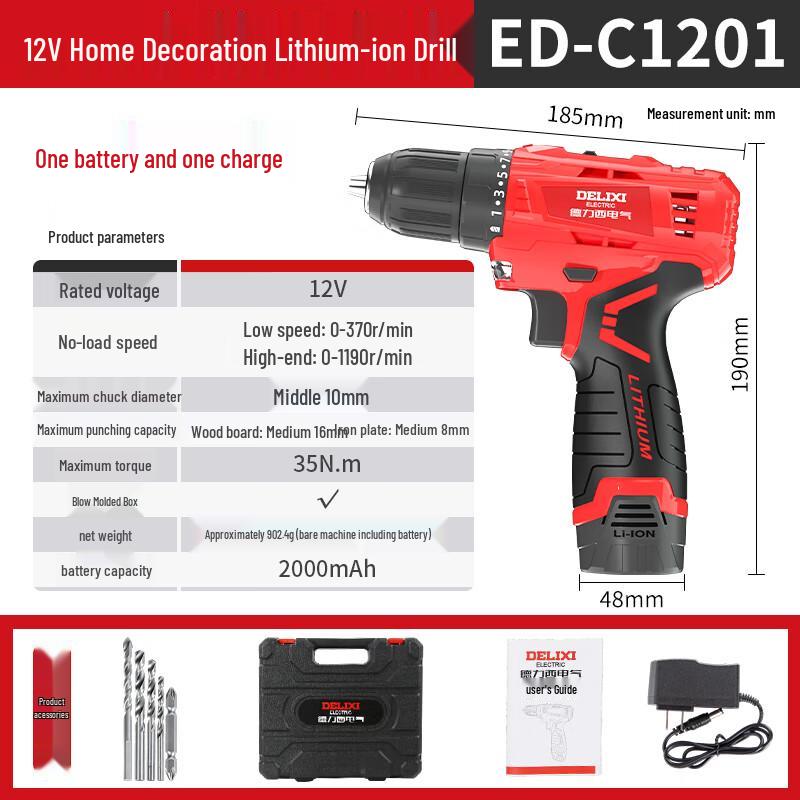 Delixi Electric 12V Cordless Lithium-ion Drill CN plug (adapter included)