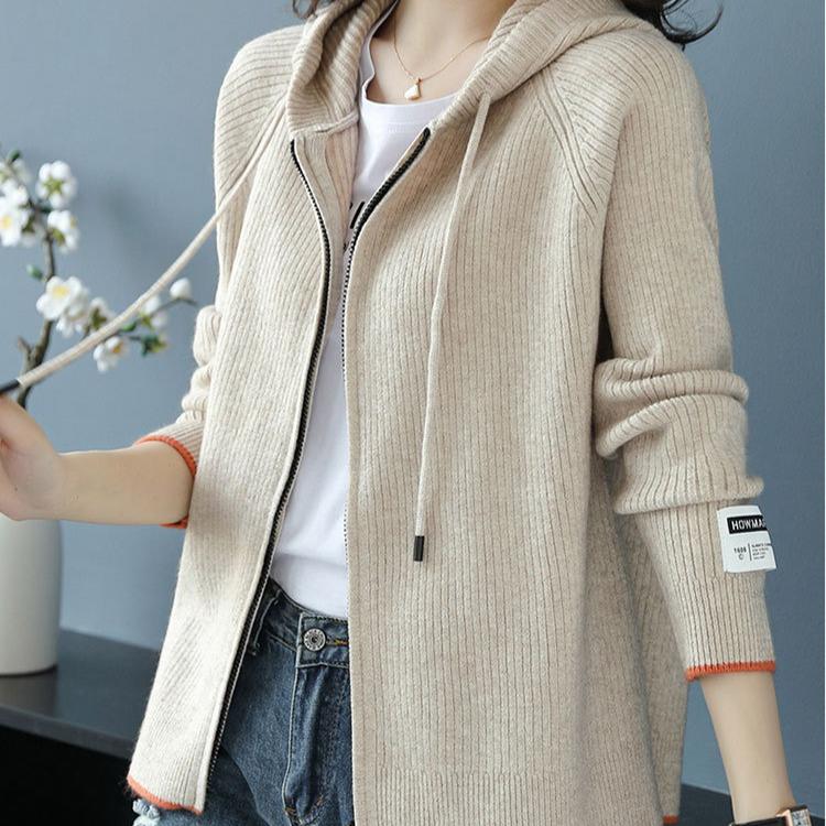 Knitted Hoodie Women's Spring and Autumn Solid-color Short Knitted Sweatshirt Hooded Zipper Sweater Cardigan Baseball Jacket