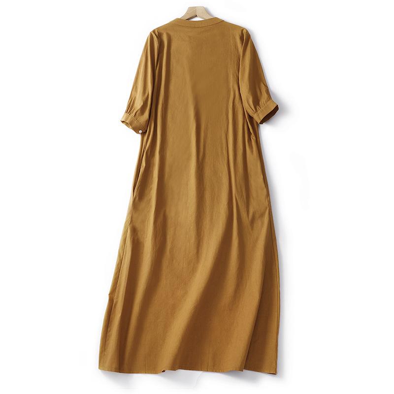 2025 Summer New Cotton and Linen Dress Women's Loose and Thin V-neck Five-quarter Sleeve Solid Color Long Skirt