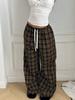 Plaid Pants for Women, High Waist Drawstring Wide Leg Trousers, Casual Streetwear Lounge Pants