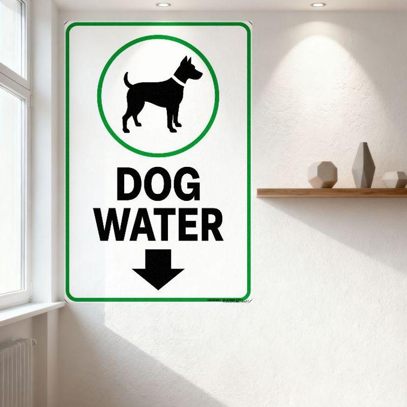 Dog Water Sign, Dog Silhouette Metal Tin Sign for Pet Supplies Store, Home Decor, Pet Shop, White Background Green Border with A