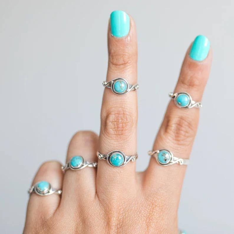 Turquoise Round Gemstone Ring, Solid 925 Sterling Silver Ring, Birthday Gift Ring, Boho Ring, Silver Jewelry, Party Ring, Mom Gifts