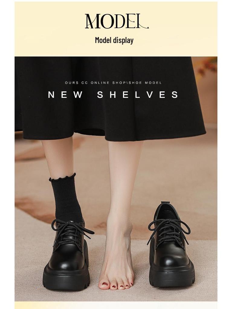 12cm Height Boost Chunky Heel Black Leather Loafers for Women, British Style, Lace-up High Heels for Spring & Autumn