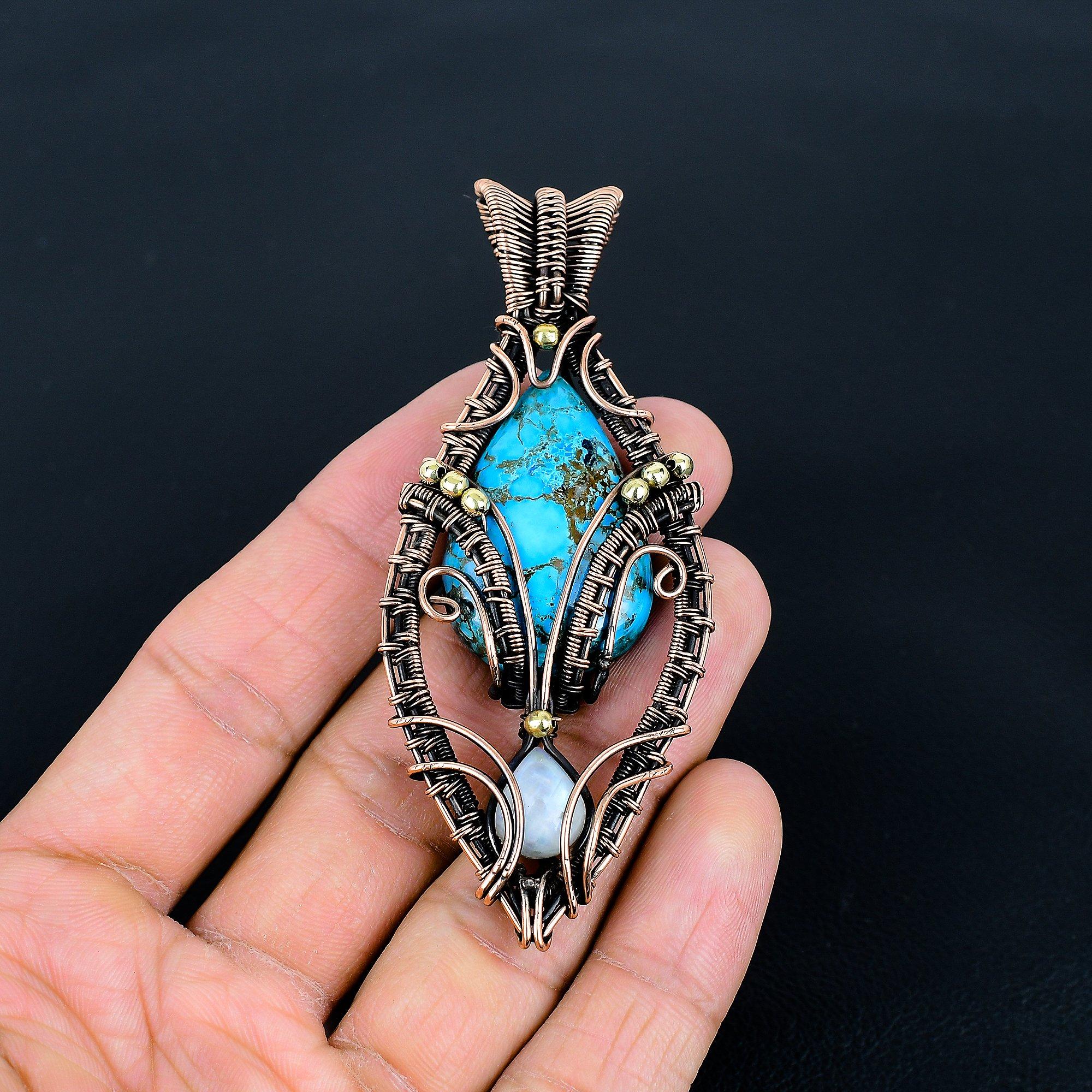 

Turquoise & Moonstone Pendant, Gemstone 999 Copper Wire Wrapped Jewelry Pendant, Handmade Jewelry Birthstone Pendant, Gift For Him 3.54 Inches