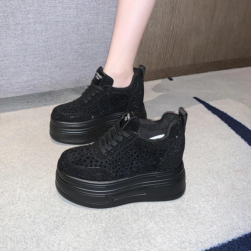 Fashion 10CM Wedge Heels Sneakers New Autumn Women Bling Crystal Skateboard Shoes Breathable Leather High Platform Vulcanize White Shoes