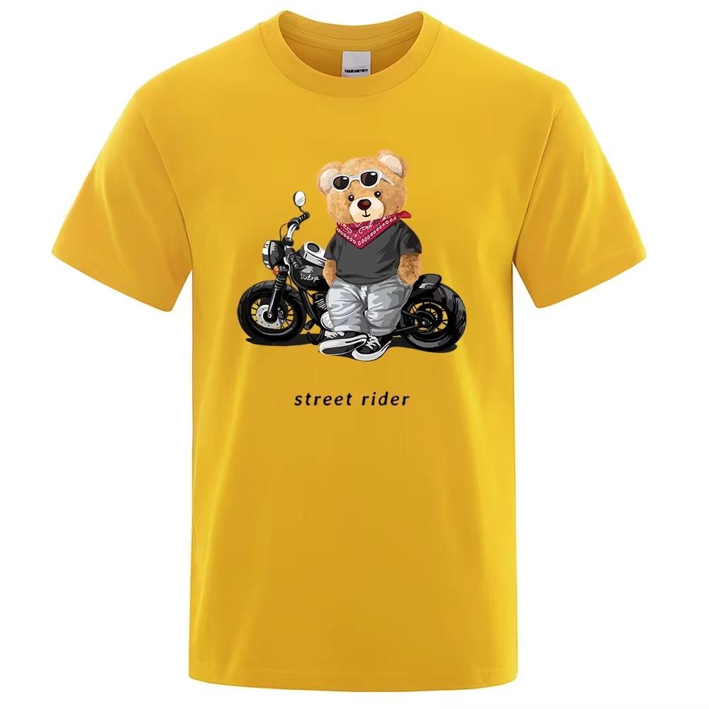 Motorcycle Enthusiast Street Teddy Rider Printed T-Shirt Men Loose Casual Short Sleeves Summer Breathable Tee Cotton Clothing