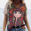 Summer Cartoon T Shirt Women Gilr Graphic 3D Print V-Neck Short Sleeve Pullover Outdoor Casual Y2k Clothing Female T-Shirts