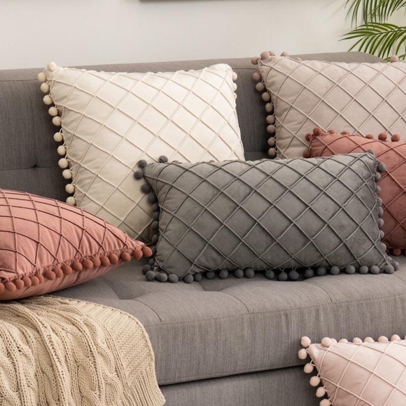 Velvet Diamond Quilted Pom Pom Cushion European Style Sofa Pillow for Back Comfort