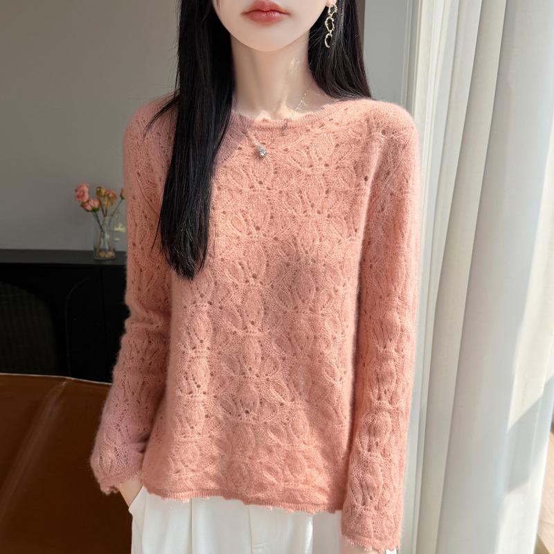 Women's Elegant French Style Hollow Knit Wool Cardigan Sweater - Round Neck
