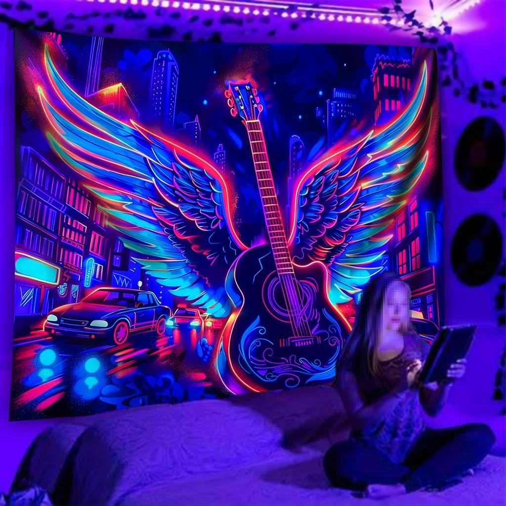 TUGCAY Blacklight Guitar Wing Tapestry UV Reactive Rock Music Tapestry Punk City Car Building Street Wall Hanging Tapestries for Bedroom Dorm Living