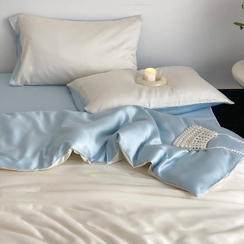 Summer Solid Color Ice Silk Four Piece Set Cool Feeling Bed Sheet Duvet Cover Three Piece Bedding Set For Dormitory Comfortable Bed Linen