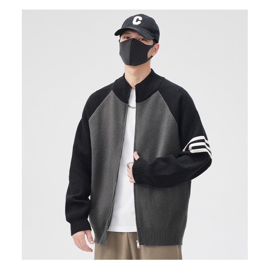 2025 Men's Stand Collar Color Block Cardigan: Trendy Wool Jacket for Spring, Autumn, Winter