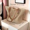 Fashionable and Versatile Women's Woven Bag with Zipper for Travel, Large Capacity Beach Bag, Handbag
