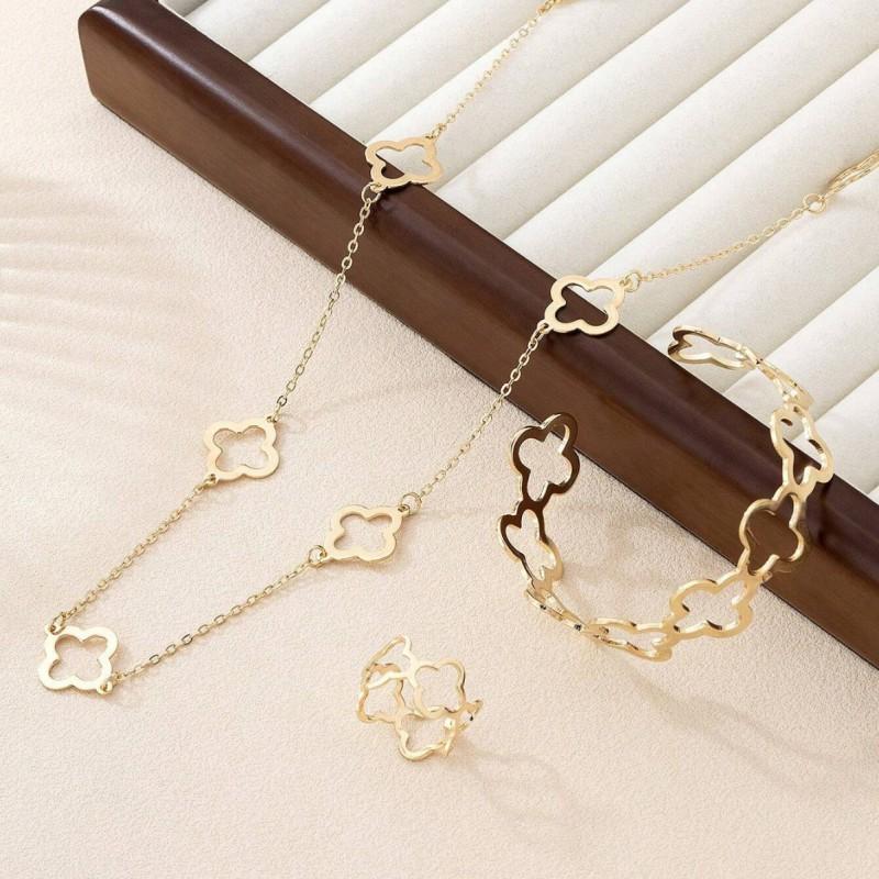 Womens Gold Tone Hollow Lucky Clover Long Necklace Set With Bracelet Ring - Minimalist Floral Jewelry Daily Wear