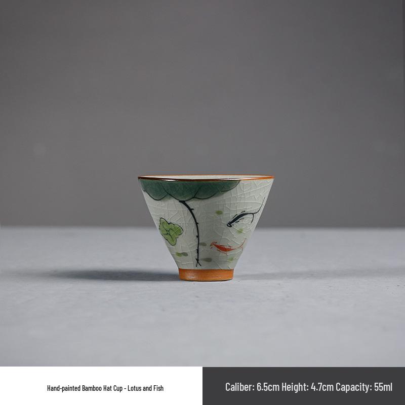 Hand-Painted Lotus Ceramic Gongfu Tea Cup with Crackle Glaze