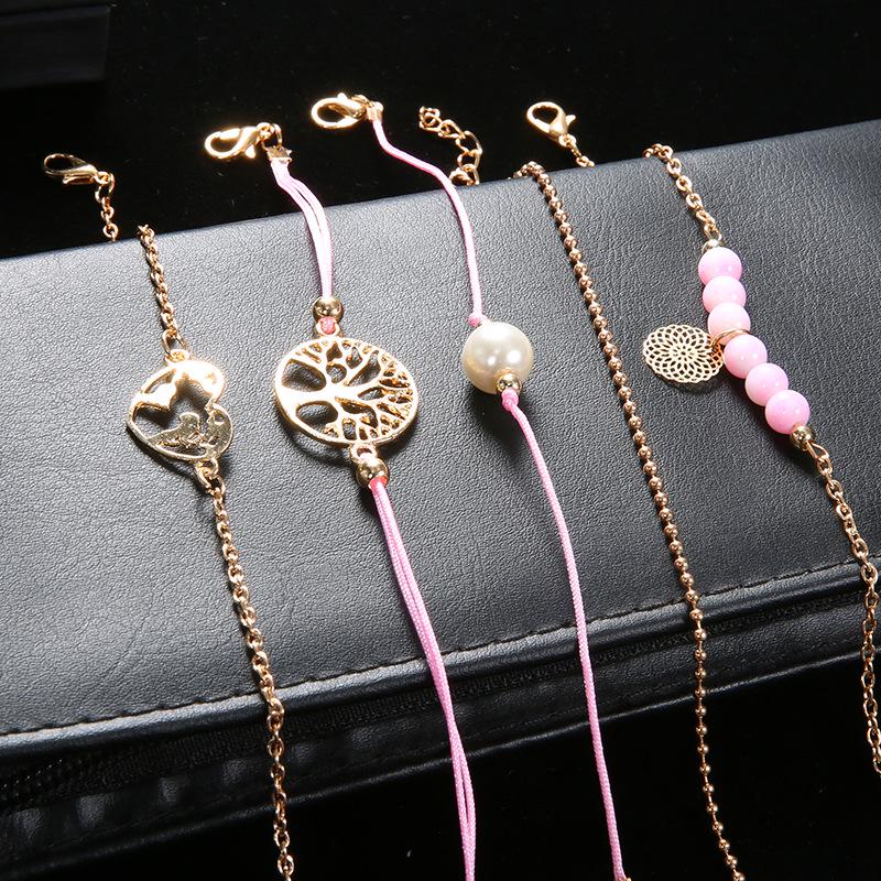 Tree Of Life Grey Pearl Love Map Bead Chain Hollow Flower Wind Bracelet Set