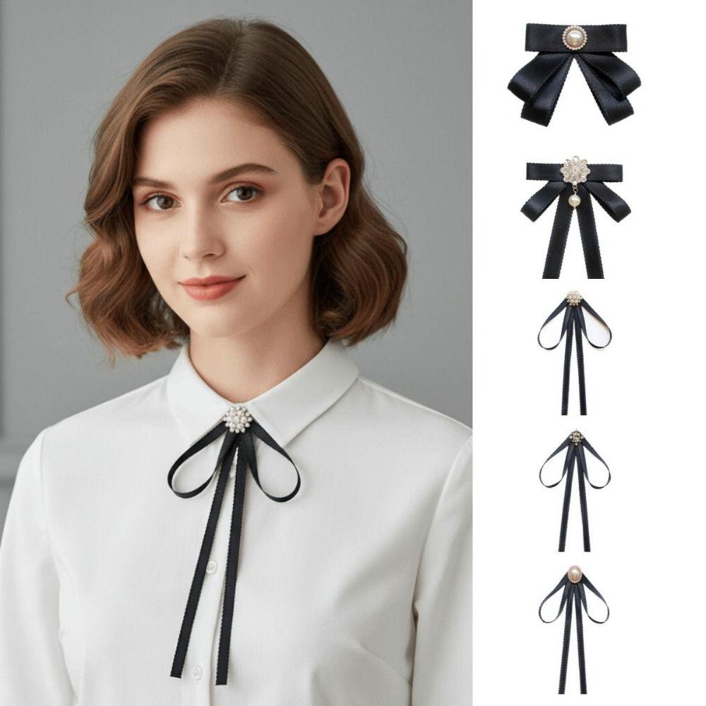 Pearl Black Ribbon Pin Solid Color Funerals Memorial Pin Simple Black Bow Necktie  Girl