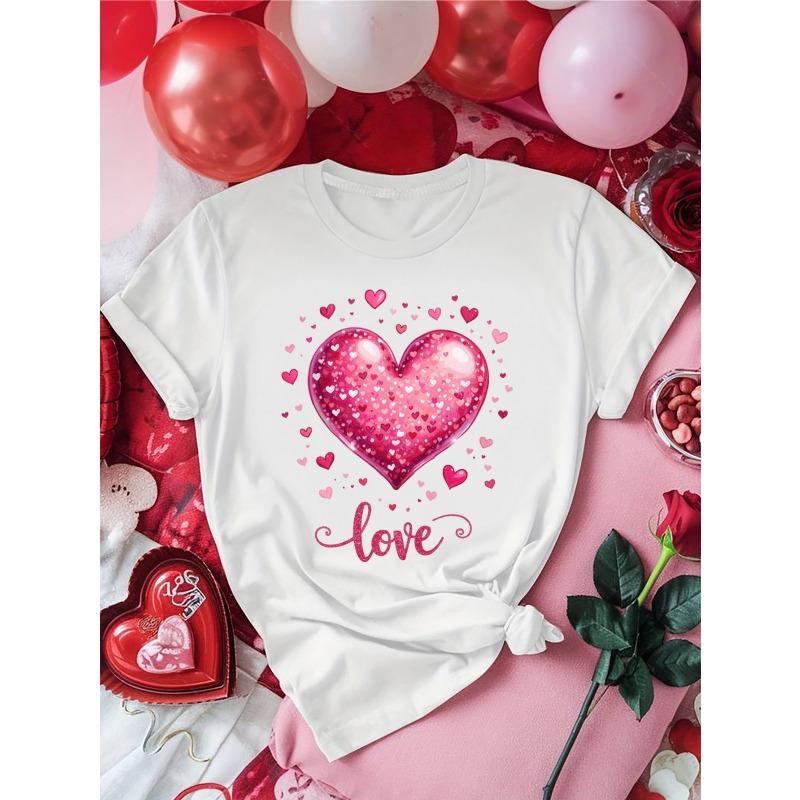 

European size Women Short Sleeve T Shirt White Love Heart Print for Valentine s Day Mother s Day Sleepwear Top 4XL