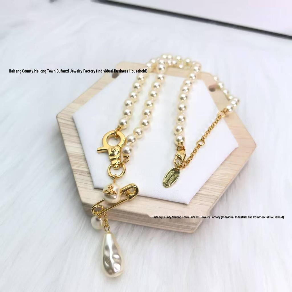 Empress Dowager Baroque Pearl Saturn Brooch Necklace & Earrings Set: Light Luxury Fashion Clavicle Chain