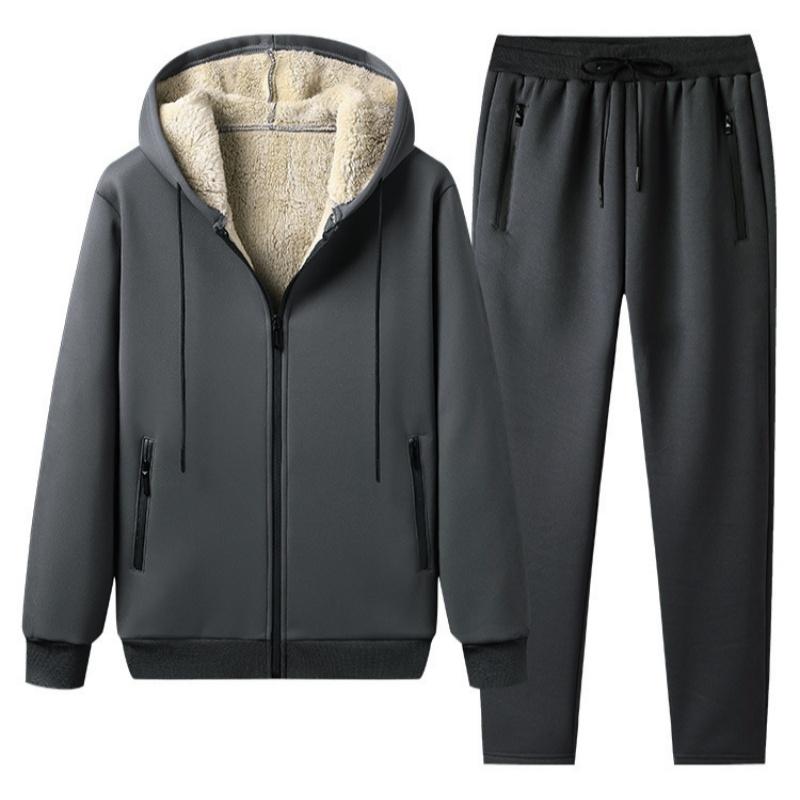 Fashion Warm Trousers Suit Lamb Velvet Men's Suit Thickened Solid Color Long-sleeved Hooded Casual