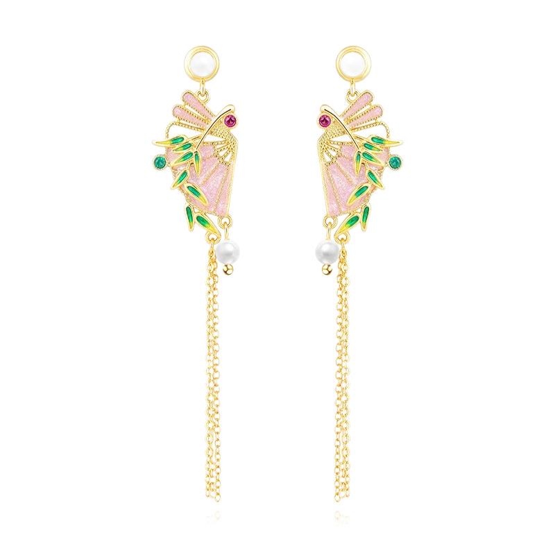 Winter Retro Fan Tassel Earrings: 925 Silver, Enamel & Pearl Ornaments