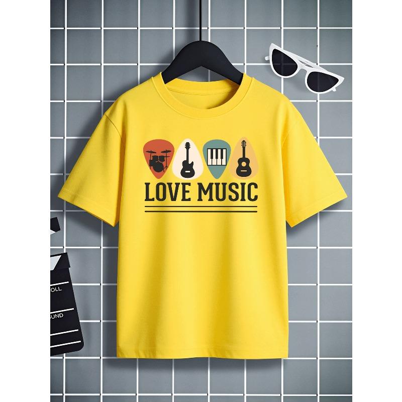 European sizes Boys' T-shirt Love Music Guitar Piano Drum, Ideal for Outdoor Activities, Soft Knitted Top, Comfortable And Breathable