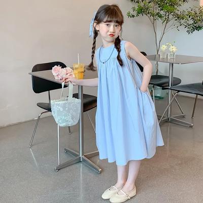 Summer Girls' Cotton Solid Color Round Neck Pleated Princess Sleeveless Dress Kids Clothes Girls