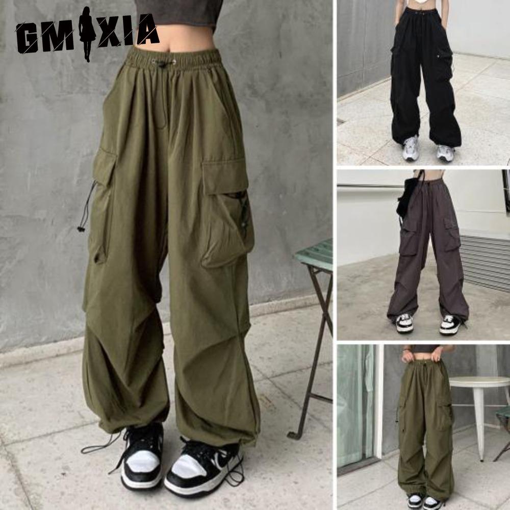 

GMXIA Women Hip Hop Cargo Pants Baggy Solid Color Elastic Waist Trousers Loose Breathable Female Pants S чёрный