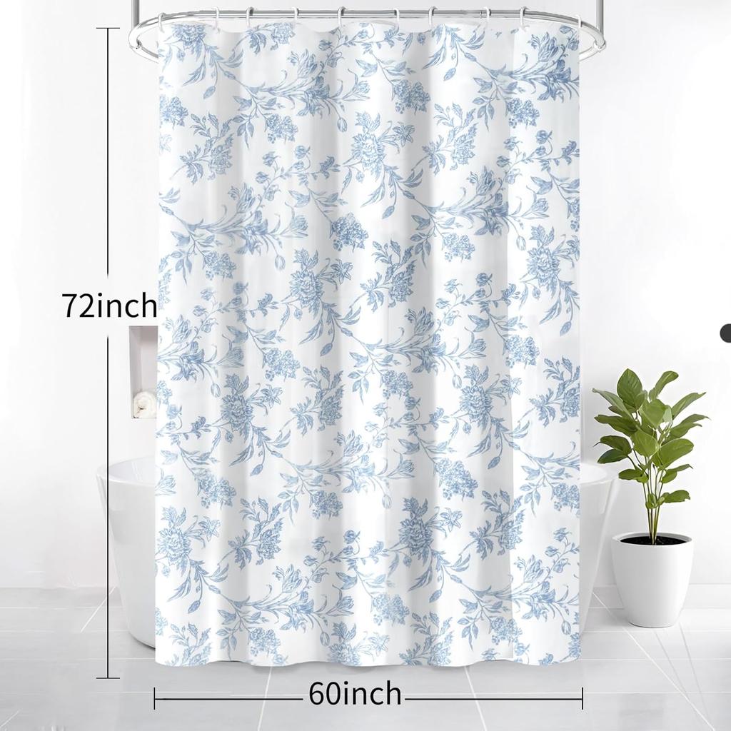 Blue Shower Curtain,Cotton Floral Cottagecore,Elegant Floral Fabric Shower Curtain Machine Washable Waterproof Bathroom Decor