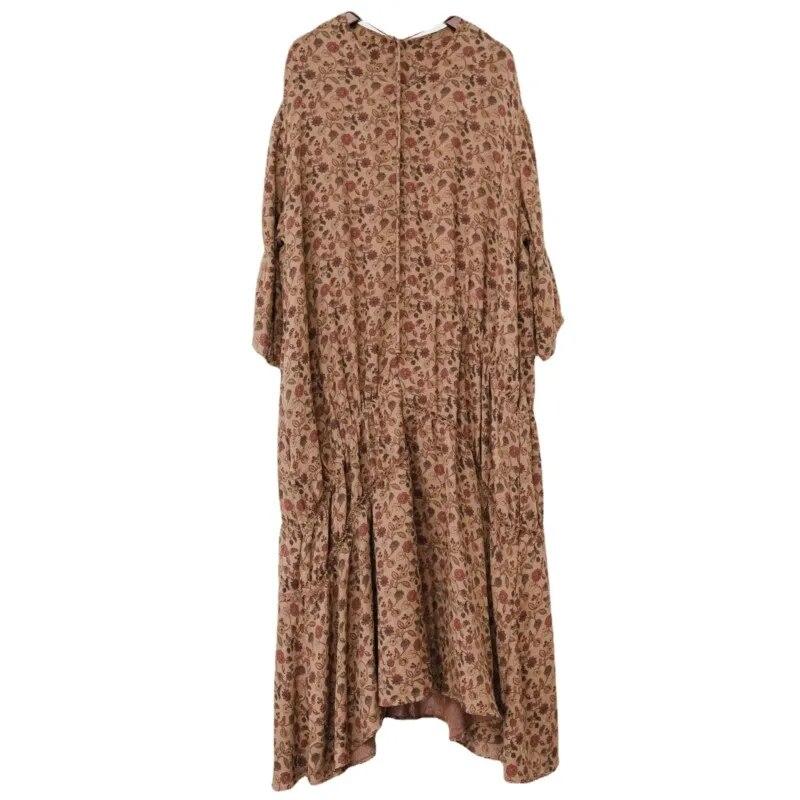 Johnature Dámské vintage nepravidelné šaty s květinovým potiskem, výstřihem do V a sedmirukávovými rukávy, podzimní měkké dámské šaty