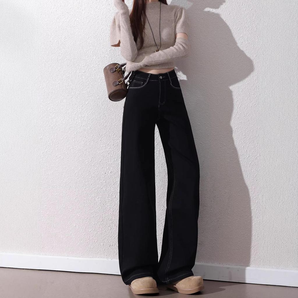 Women's Black Retro High Waist Straight Leg Jeans, Spring/Autumn 2026 Style, Petite Wide Leg Pants