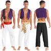 Men Halloween Arabian Prince Clothes Waistcoat Tops with Belt Bloomers Pants Fancy Dress Ball Outfits