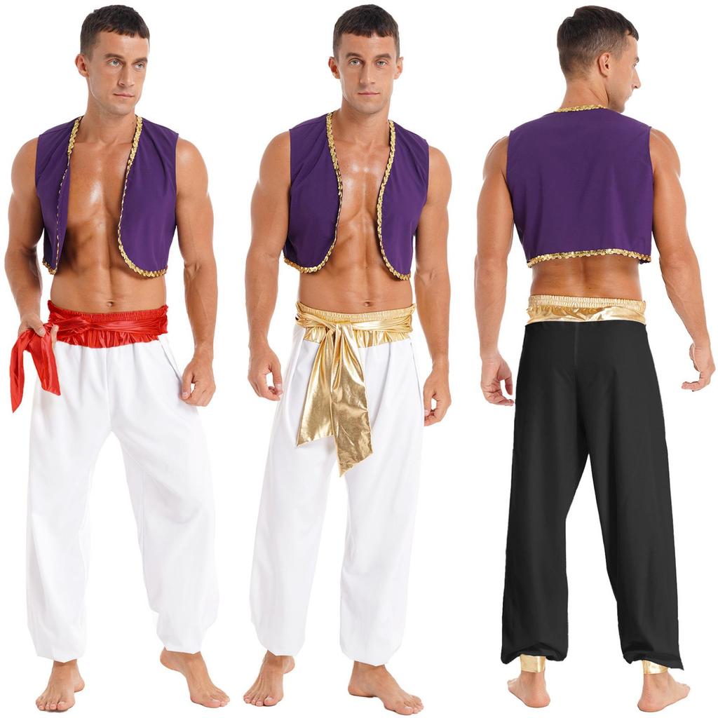 Men Halloween Arabian Prince Clothes Waistcoat Tops with Belt Bloomers Pants Fancy Dress Ball Outfits