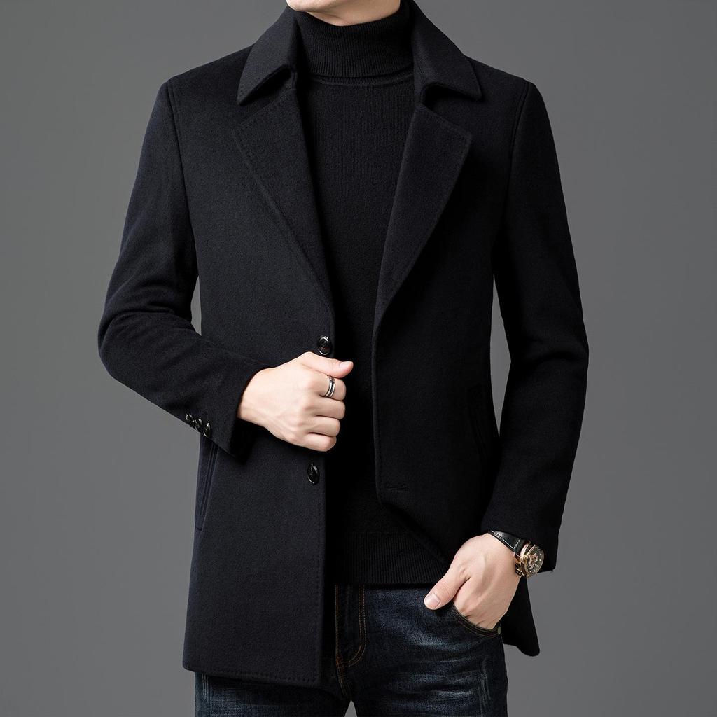 2025 Winter Men's Fashion Wool Coat, Double-Sided with Suit Collar, White Goose Down, Trendy Warm Outerwear