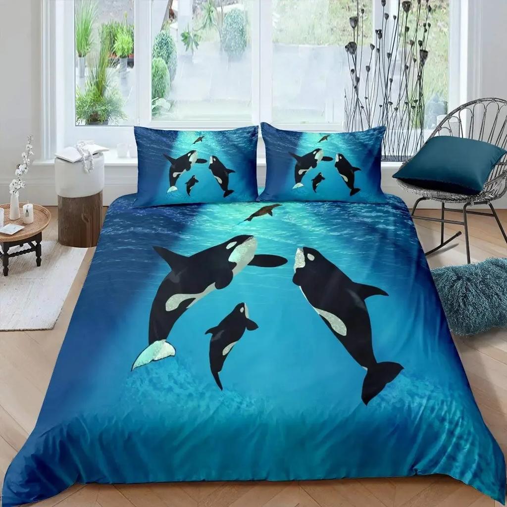 Killer Whale Nautical Ocean Whale Tie Dye Comfortable Duvet Quilt Cover Pillowcase Bedding Set Bedroom Decoration Home Textile
