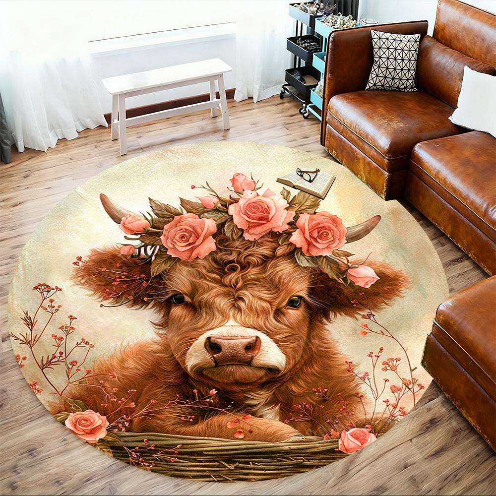 1PC Cow Flowers Office Round Area Rug, Under Office Chairs Bedroom Living Room Home Decor,Carpet for Office, -1110254