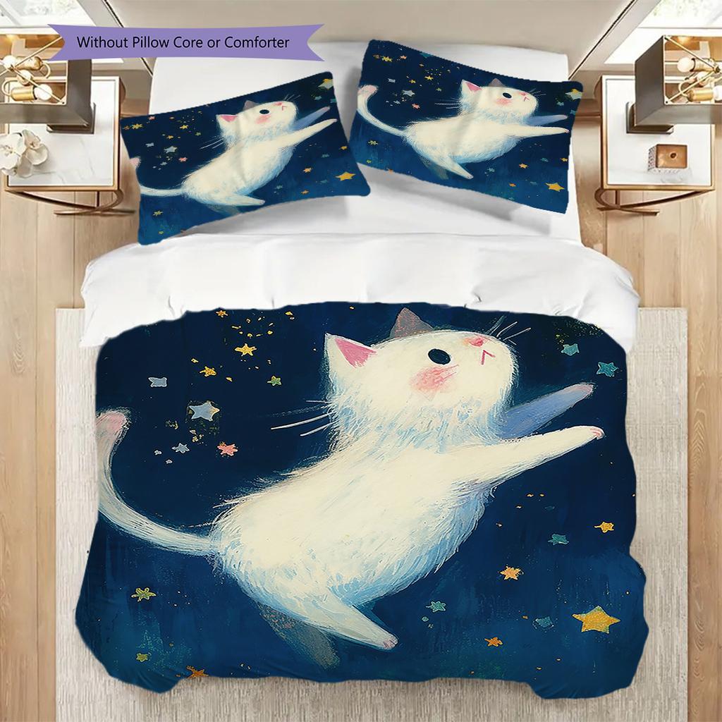 White Cat Pattern Bedding Quilt Set Quilt Cover Pillowcase Home Decoration Birthday Gift (1 * Duvet Cover + 2 * Pillowcase, Without Core)