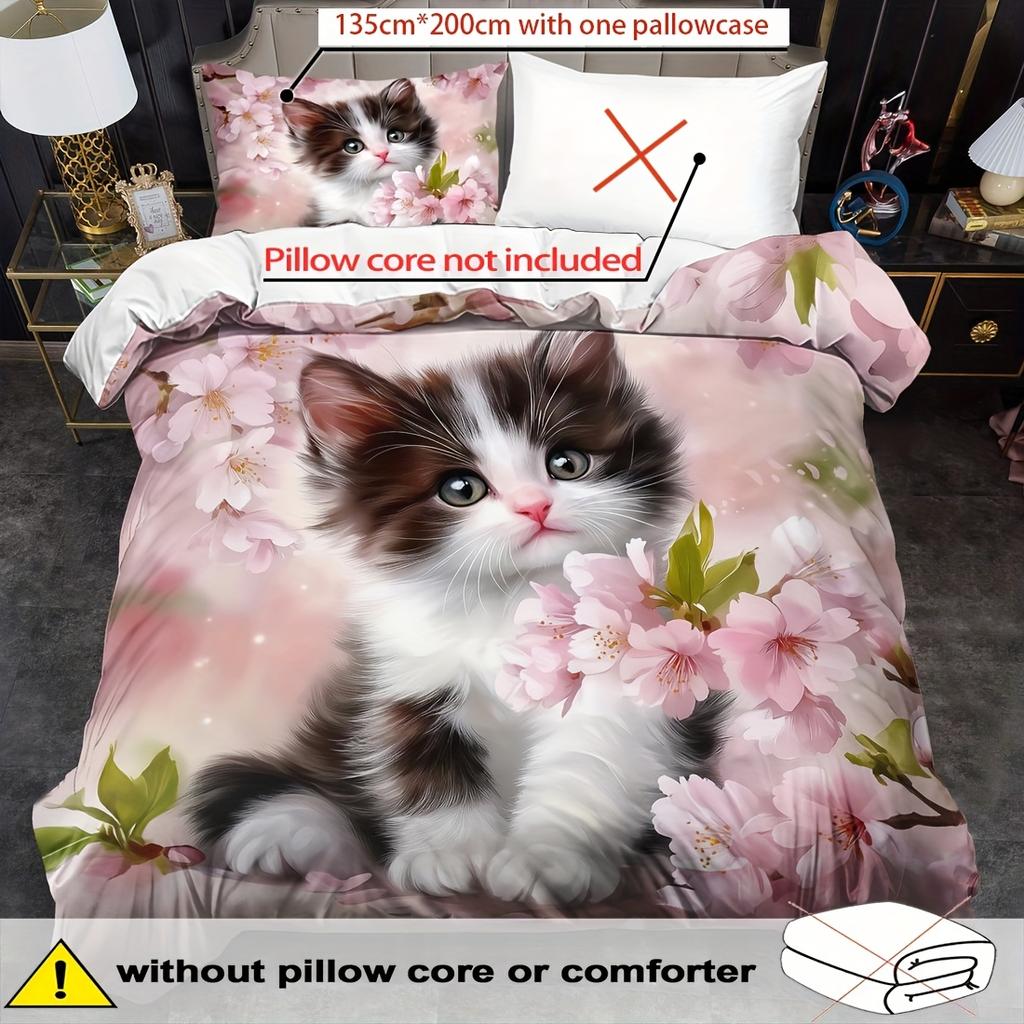 Cat Bedding Set Animal Duvet Cover Set Cartoon Comforter Cover Bedroom Decor Guest Room 2/3pcs 2D Pink Flat Printing (Includes 1 Duvet Cover