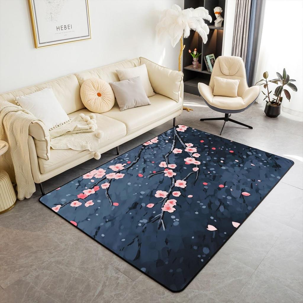 Japanese Ukiyo-e Geisha & Cherry Blossom Print Area Rug, Non-Slip Floor Mat for Living Room Bedroom Home Decor Carpet