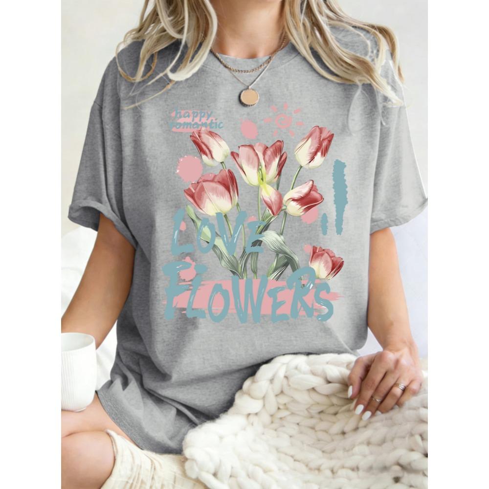 Happy Romantic Love Flowers Print T Shirt Woman O-Neck Oversized T-Shirts Women Breathable Short Sleeve Summer Cotton